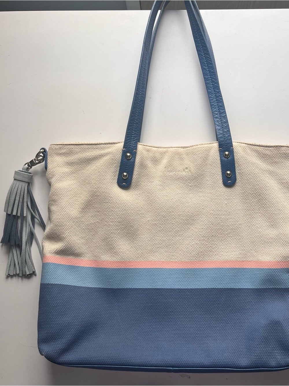 Splendid Canvas Total with Painted Blue & Pink, Blue Leather-Trim Details